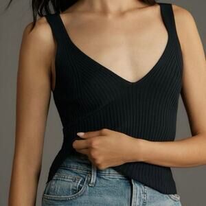 NWT Good American Shine Ribbed Tank Top Size Medium Black Blouse Stretch $129